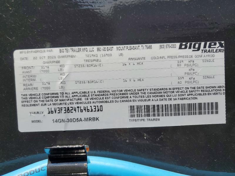 2026 Big tex Unknown VIN 16V3F3824T6461310 COPART salvage auction — MINOR DENT/SCRATCHES, TN - DEALER ONLY CLEAN TITLE (P), sold $9,000 on 2026-08-17 (photo 9)