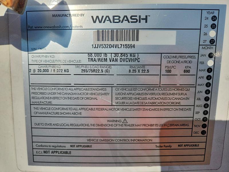 2027 Wabash Trailers VIN 1JJV532D4VL715594 COPART salvage auction — SIDE, PA - CERTIFICATE OF SALVAGE (P), sold $5,300 on 2026-10-08 (photo 8)