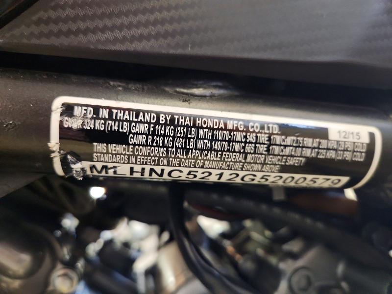 2016 Honda Cb VIN MLHNC5212G5200579 COPART salvage auction — MINOR DENT/SCRATCHES, Fl - Certificate Of Title, sold $575 on 2026-07-23 (photo 9)