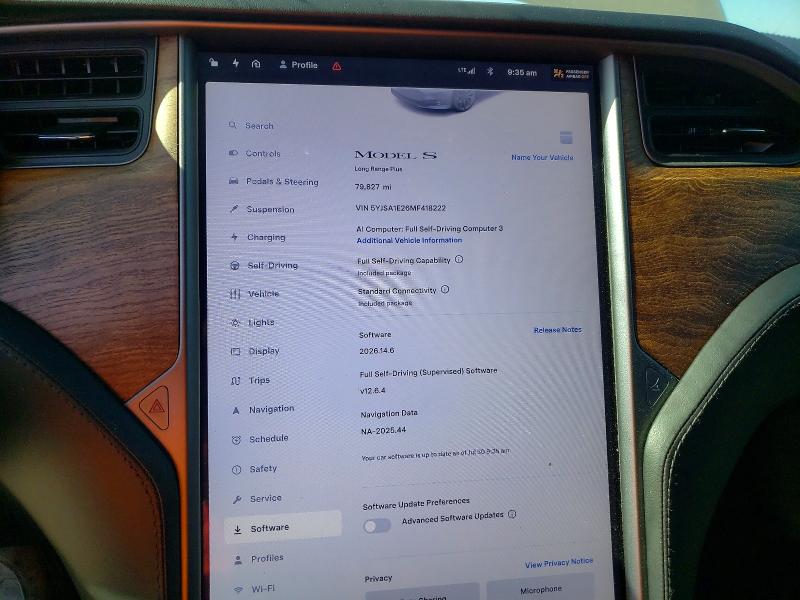 2021 Tesla Model s VIN 5YJSA1E26MF418222 COPART salvage auction — FRONT END, Ca - Salvage Certificate, sold $12,500 on 2026-09-03 (photo 9)