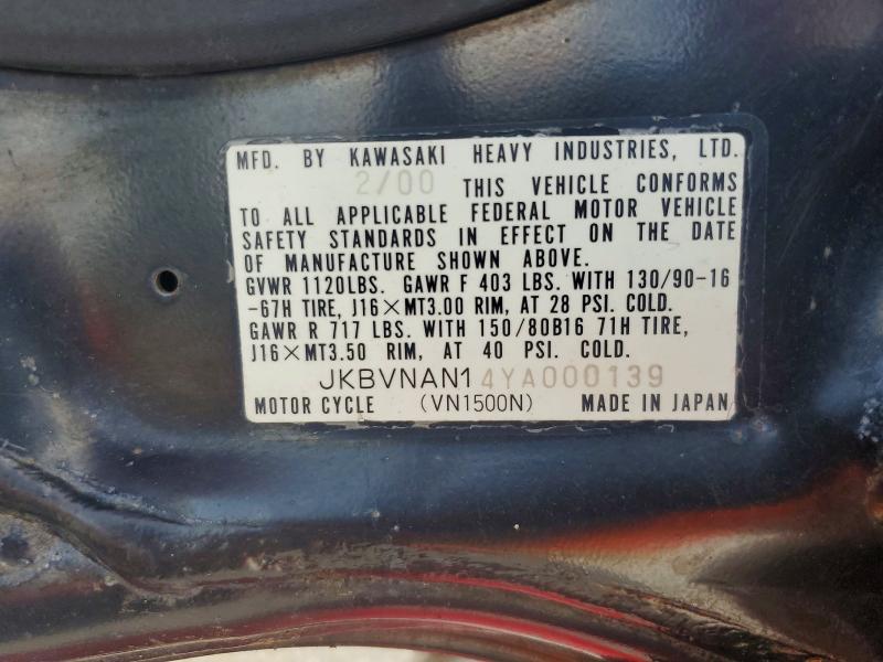 2000 Kawasaki Vn1500 VIN JKBVNAN14YA000139 COPART salvage auction — FRONT END, Pa - Certificate Of Salvage, sold $300 on 2026-07-23 (photo 9)