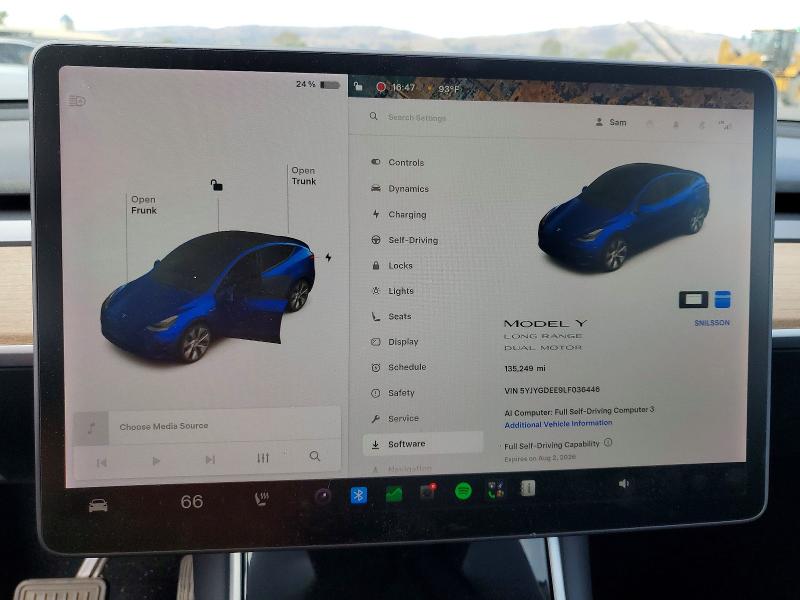 2020 Tesla Model y VIN 5YJYGDEE9LF036446 COPART salvage auction — FRONT END, CA - SALVAGE CERTIFICATE, sold $6,500 on 2026-07-21 (photo 9)