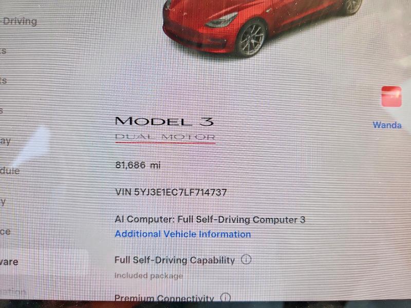 2020 Tesla Model 3 VIN 5YJ3E1EC7LF714737 COPART salvage auction — MINOR DENT/SCRATCHES, Salvage Title, sold $7,200 on 2026-09-04 (photo 9)