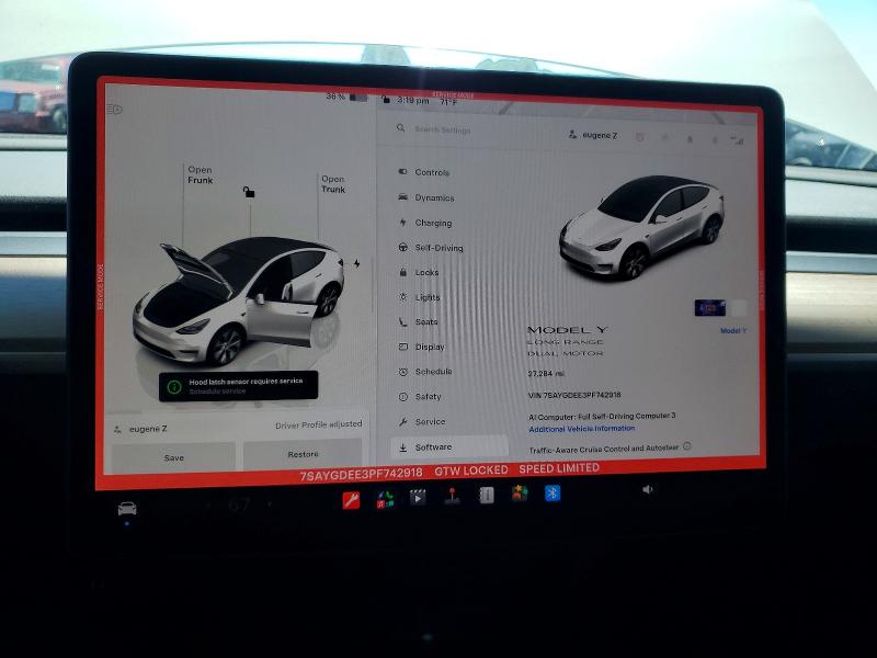 2023 Tesla Model y VIN 7SAYGDEE3PF742918 COPART salvage auction — FRONT END, Ca - Salvage Certificate, sold $15,100 on 2026-07-14 (photo 9)