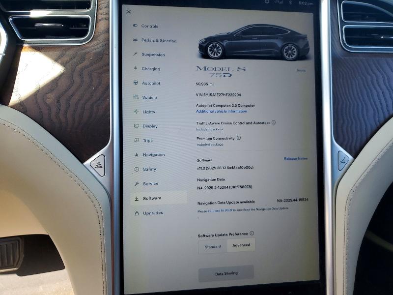2017 Tesla Model s VIN 5YJSA1E27HF222294 COPART salvage auction — SIDE, CA - SALVAGE CERTIFICATE, sold $6,700 on 2026-07-31 (photo 9)