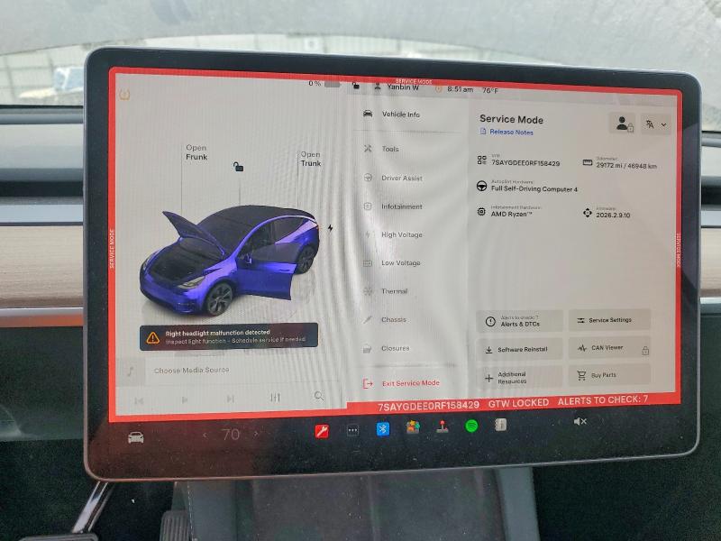 2024 Tesla Model y VIN 7SAYGDEE0RF158429 COPART salvage auction — FRONT END, Ca - Salvage Certificate, sold $7,700 on 2026-07-28 (photo 9)