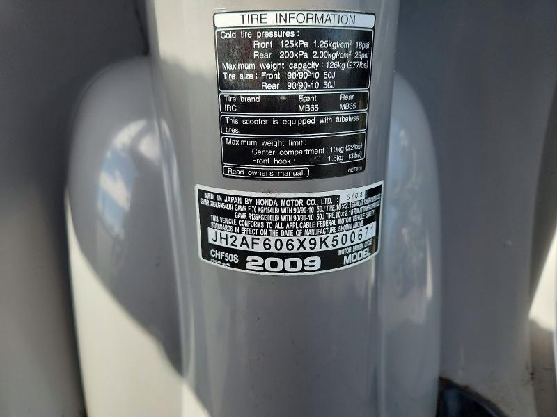 2009 Honda Chf50 VIN JH2AF606X9K500671 COPART salvage auction — MINOR DENT/SCRATCHES, CA - DIS/DLR/EXP ONLY CLEAN TITLE, sold $10 on 2026-07-27 (photo 9)