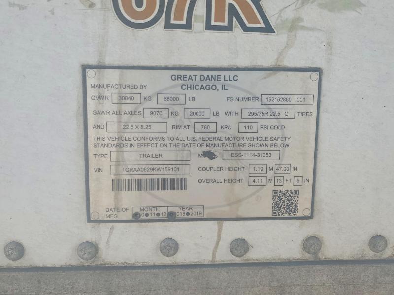 2019 Great dane Unknown VIN 1GRAA0629KW159101 COPART salvage auction — FRONT END, NE - CERTIFICATE OF TITLE, sold $11,700 on 2026-09-01 (photo 9)