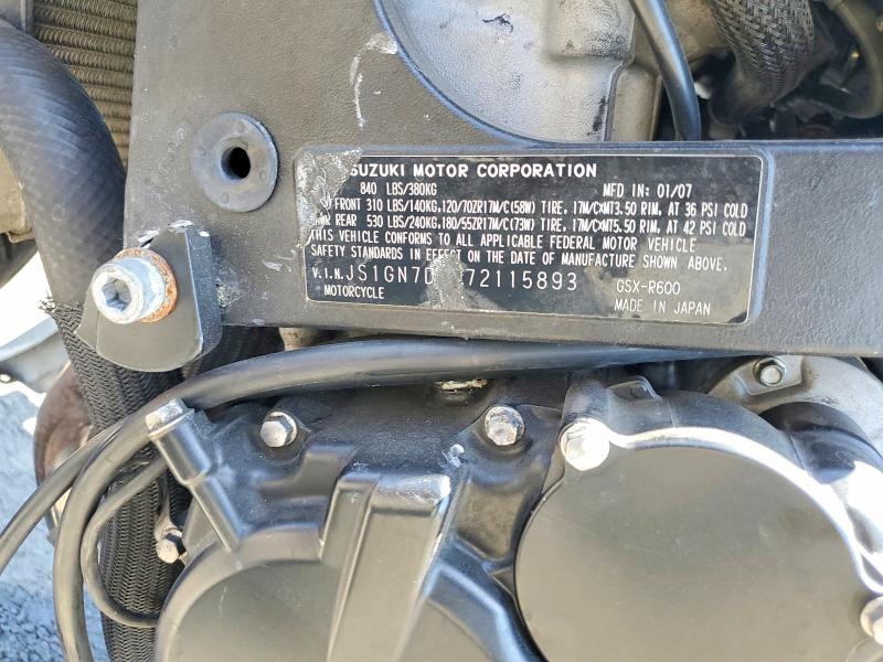 2007 Suzuki Gsx-r VIN JS1GN7DA772115893 COPART salvage auction — FRONT END, Ca - Salvage Certificate, sold $1,150 on 2026-07-23 (photo 9)