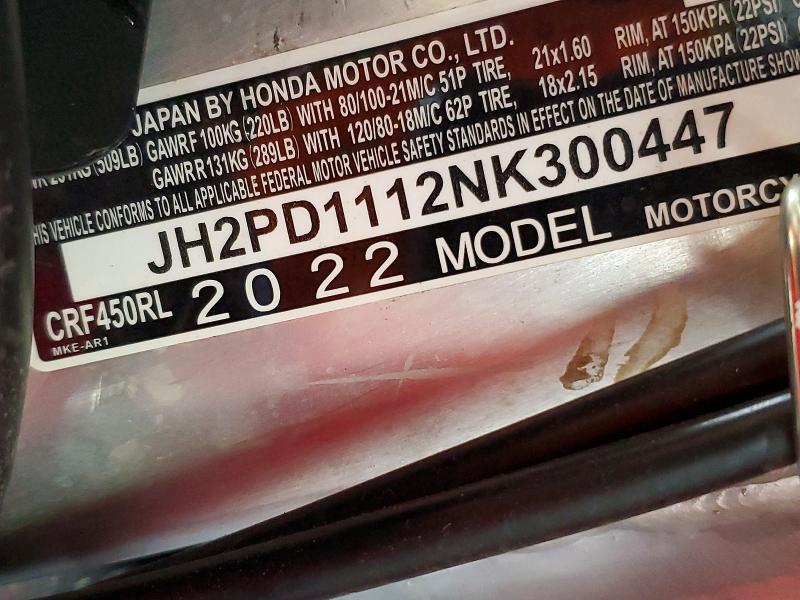 2022 Honda Crf VIN JH2PD1112NK300447 COPART salvage auction — SIDE, Pa - Certificate Of Salvage, sold $5,200 on 2026-07-22 (photo 9)