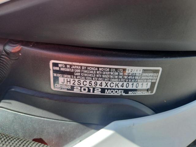 2012 Honda Cbr VIN JH2SC594XCK401011 COPART salvage auction — MECHANICAL, Fl - Certificate Of Title, sold $1,850 on 2026-07-28 (photo 9)