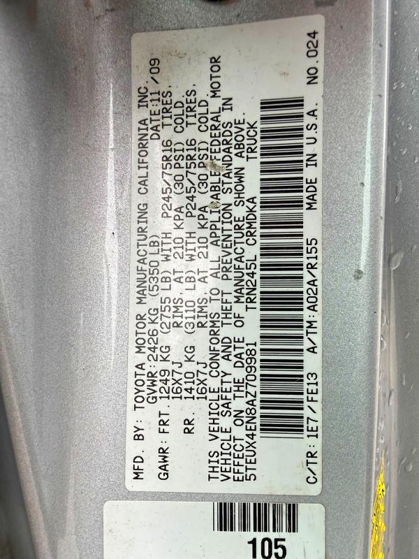 2010 Toyota Tacoma VIN 5TEUX4EN8AZ709981 COPART salvage auction — MINOR DENT/SCRATCHES, Mt - Certificate Of Title (P), sold $975 on 2026-07-22 (photo 9)