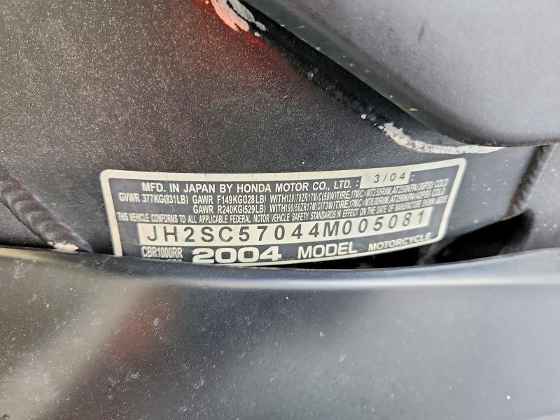 2004 Honda Cbr1000 VIN JH2SC57044M005081 COPART salvage auction — MINOR DENT/SCRATCHES, NC - DEALER ONLY CLEAN TITLE, sold $1,950 on 2026-07-14 (photo 9)