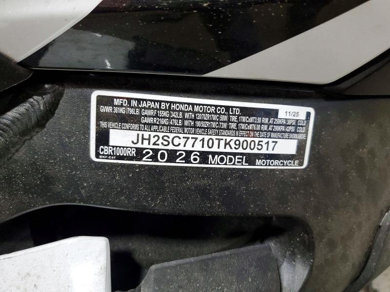 2026 Honda Cbr1000 VIN JH2SC7710TK900517 COPART salvage auction — ALL OVER, Nj - Cert Of Title-Salvage, sold $1,750 on 2026-07-24 (photo 9)