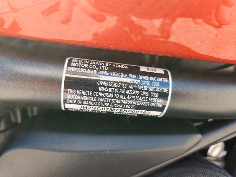 2025 Honda Cm VIN JH2SC87M7SK000163 COPART salvage auction — SIDE, CO - SALVAGE TITLE, sold $4,600 on 2026-08-01 (photo 9)