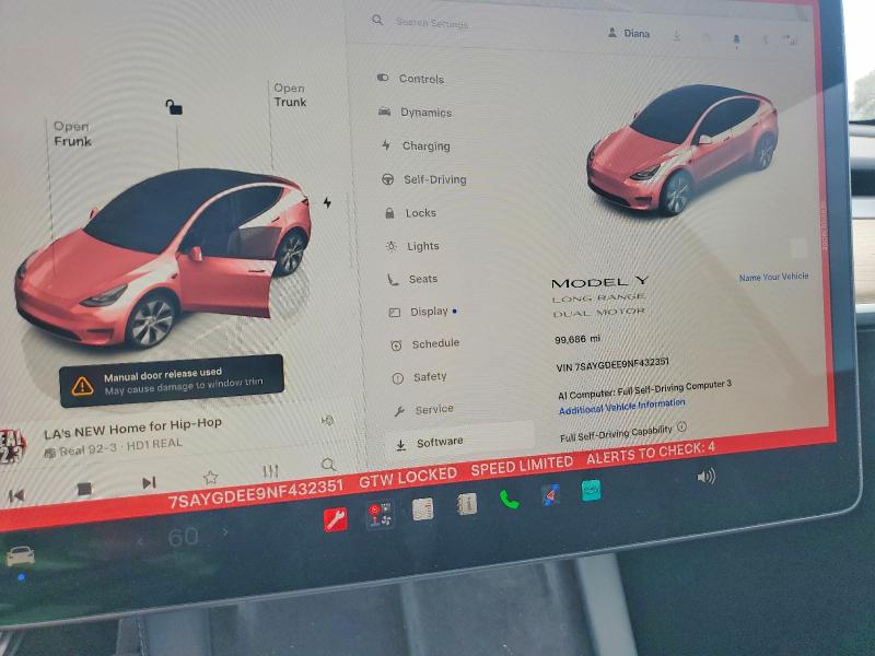 2022 Tesla Model y VIN 7SAYGDEE9NF432351 COPART salvage auction — FRONT END, Ca - Salvage Certificate, sold $5,200 on 2026-07-30 (photo 9)