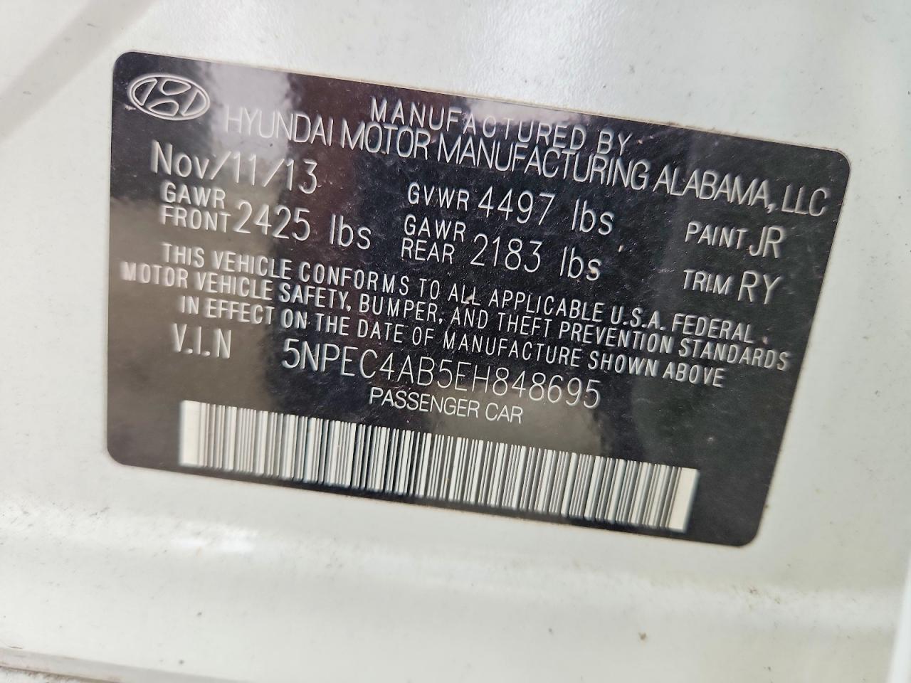 2014 Hyundai Sonata VIN 5NPEC4AB5EH848695 COPART salvage auction — MINOR DENT/SCRATCHES, Ut - Dis/Dlr/Exp Only Clean Title, sold $1,400 on 2026-07-27 (photo 3)