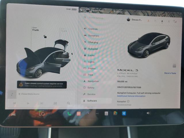 2020 Tesla Model 3 VIN 5YJ3E1EB2LF807088 COPART salvage auction — FRONT END, Ca - Salvage Certificate, sold $9,000 on 2026-07-29 (photo 9)