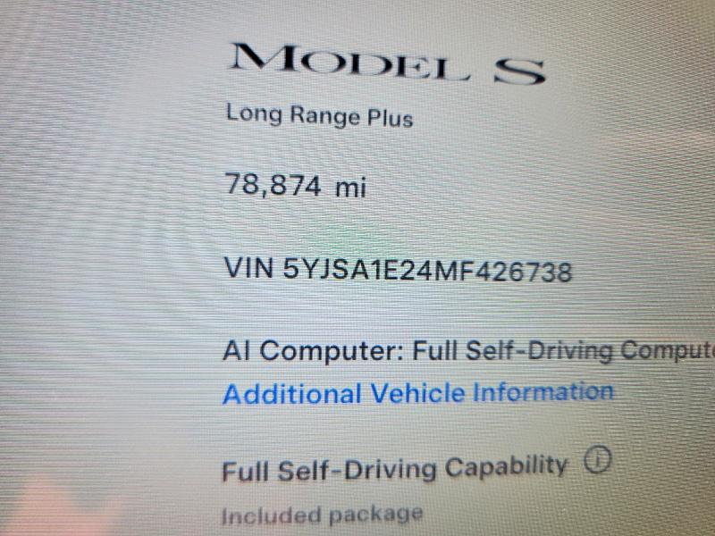 2021 Tesla Model s VIN 5YJSA1E24MF426738 COPART salvage auction — UNDERCARRIAGE, Ct - Cert Of Title-Salvage, sold $12,900 on 2026-09-01 (photo 9)