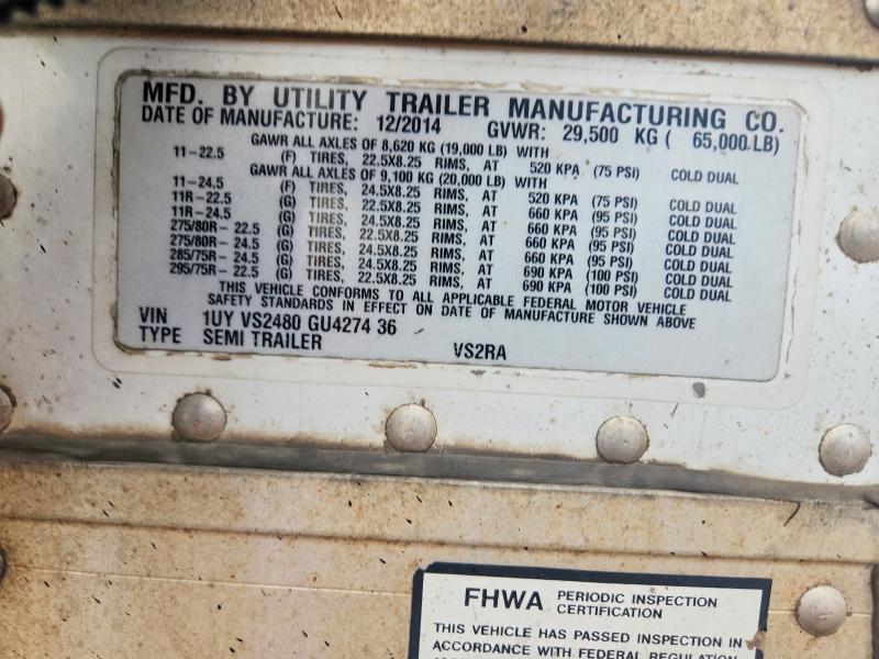2016 Utility trailer VIN 1UYVS2480GU427436 COPART salvage auction — FRONT END, IL - DIS/DLR/EXP ONLY CLEAN TITLE (P), sold $60 on 2026-09-08 (photo 9)