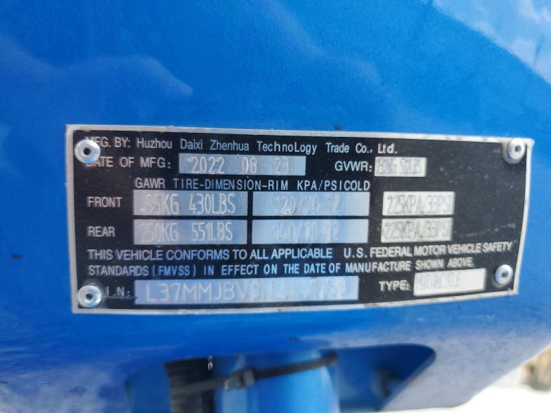 2022 Other Ice bear maddog 150cc VIN L37MMJBV9NZ041189 COPART salvage auction — SIDE, TX - SALVAGE VEHICLE TITLE (P), sold $675 on 2026-09-03 (photo 9)