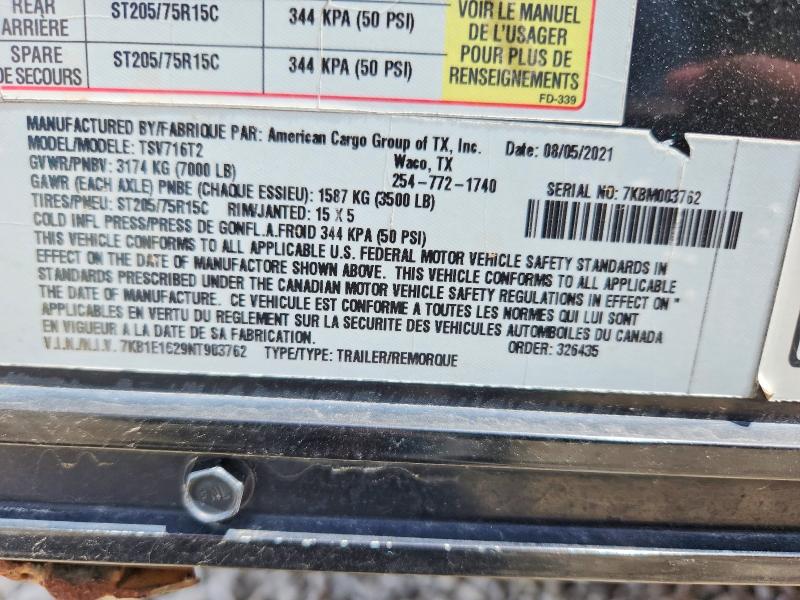 2022 Haulmark Tsv716t2 VIN 7KB1E1629NT903762 COPART salvage auction — SIDE, TX - SALVAGE VEHICLE TITLE, sold $800 on 2026-09-17 (photo 8)