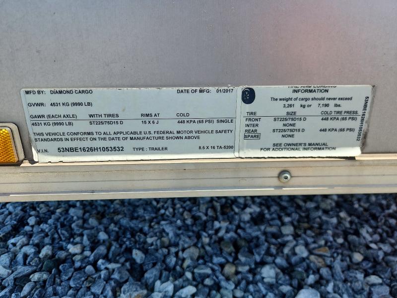 2017 Diamond cargo Diamond cargo VIN 53NBE1626H1053532 COPART salvage auction — REAR END, FL - CERT OF TITLE SLVG REBUILDABLE, sold $475 on 2026-09-18 (photo 9)
