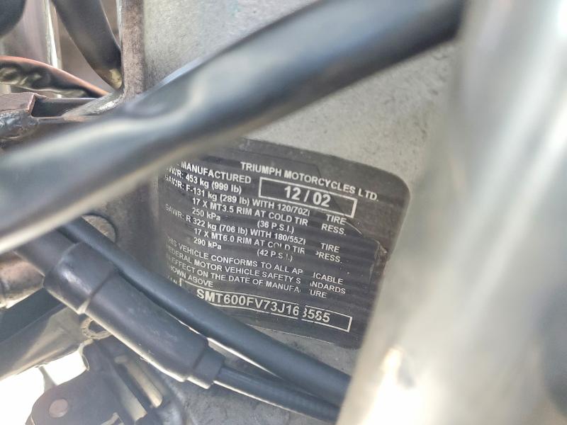 2003 Triumph motorcycle Sprint st VIN SMT600FV73J168585 COPART salvage auction — FRONT END, CA - SALVAGE CERTIFICATE, sold $10 on 2026-09-03 (photo 9)