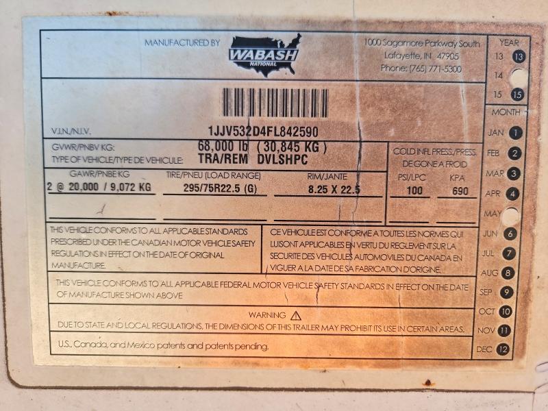 2015 Wabash Dvlshpc VIN 1JJV532D4FL842590 COPART salvage auction — REAR END, TX - SALVAGE VEHICLE TITLE, sold $3,350 on 2026-10-15 (photo 9)