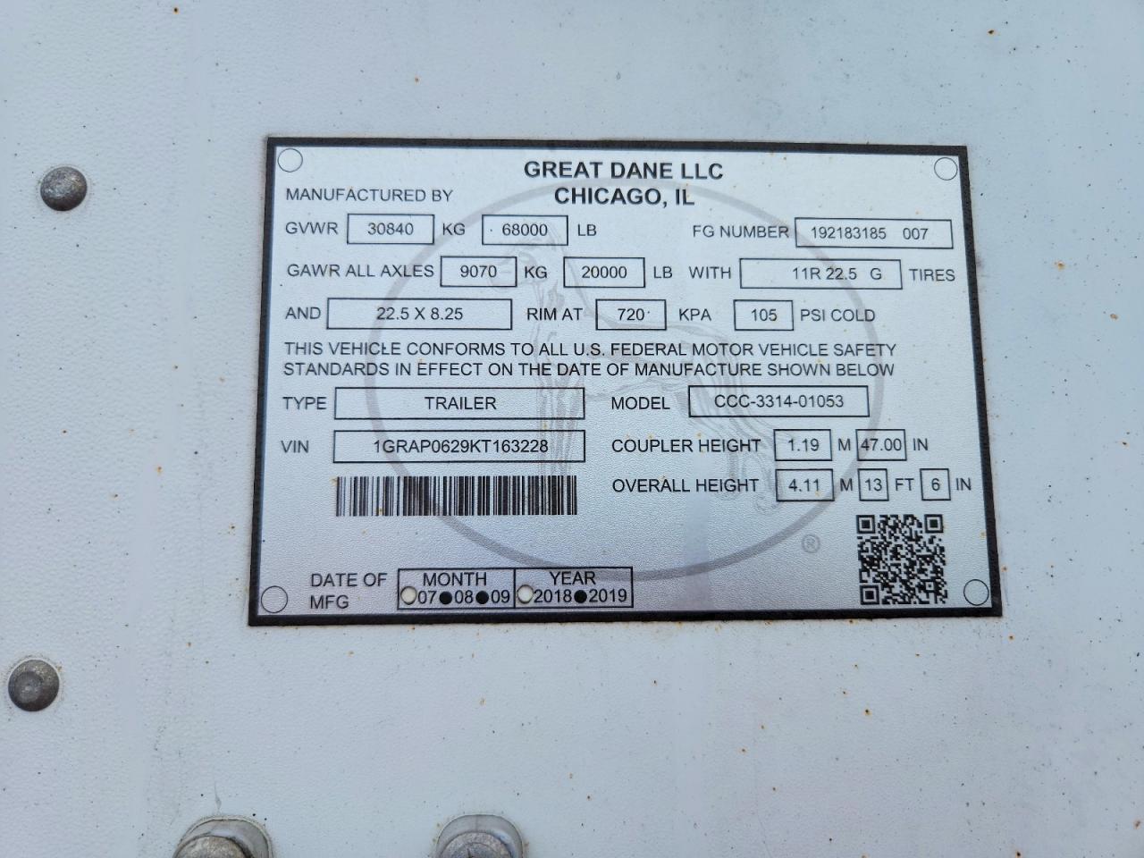 2019 Great Dane Semitrlr VIN 1GRAP0629KT163228 COPART salvage auction — Burn, AZ - CERT OF TITLE - SALVAGE, sold $450 on 2026-09-11 (photo 9)