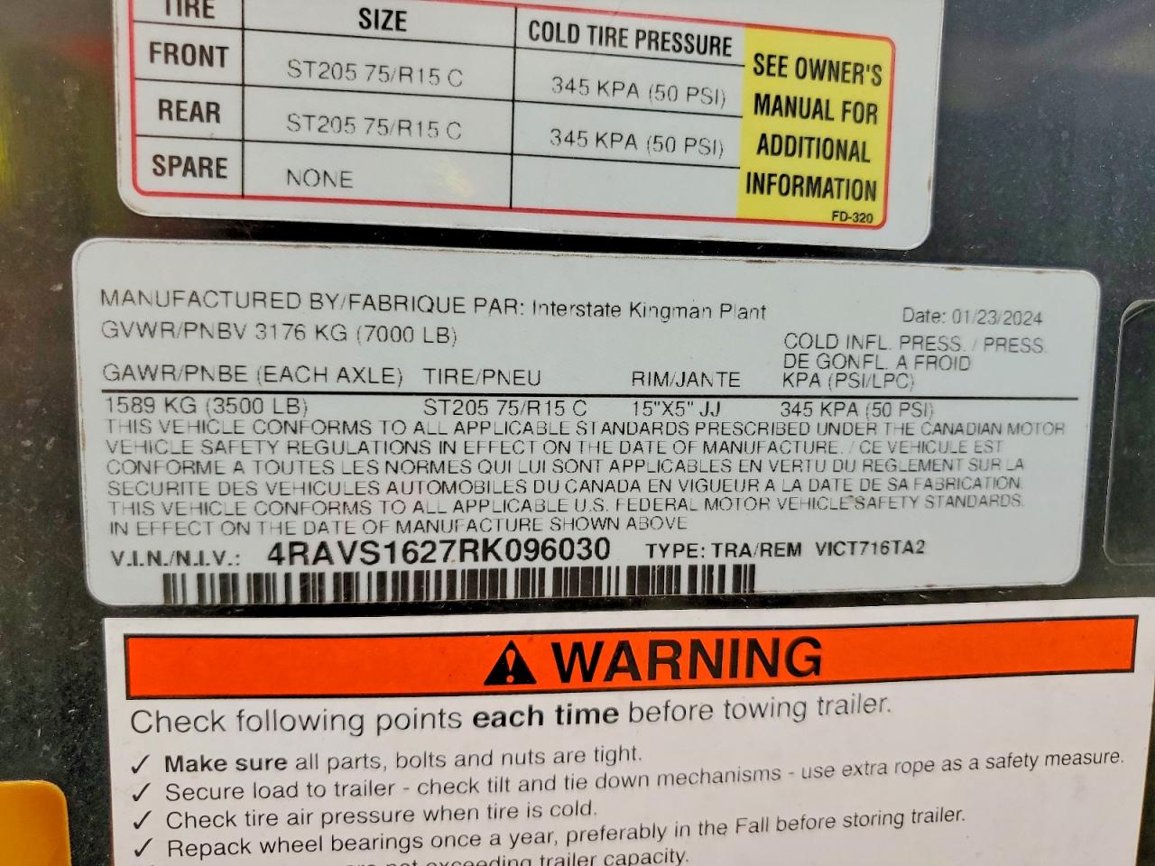 2024 Interstate Vict716ta2 VIN 4RAVS1627RK096030 COPART salvage auction — Normal Wear, TN - CERTIFICATE OF TITLE (P), sold $1,500 on 2026-09-18 (photo 9)