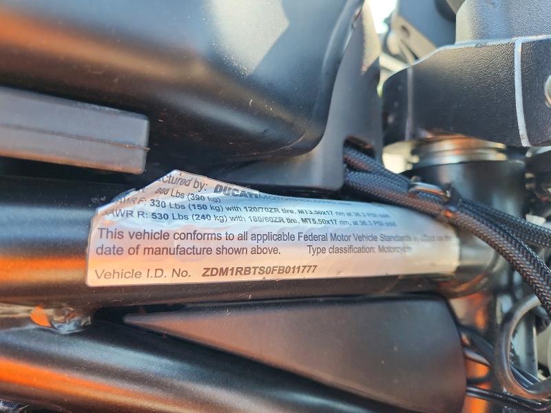 2015 Ducati Monster VIN ZDM1RBTS0FB011777 COPART salvage auction — FRONT END, Pa - Certificate Of Salvage, sold $800 on 2026-09-10 (photo 9)