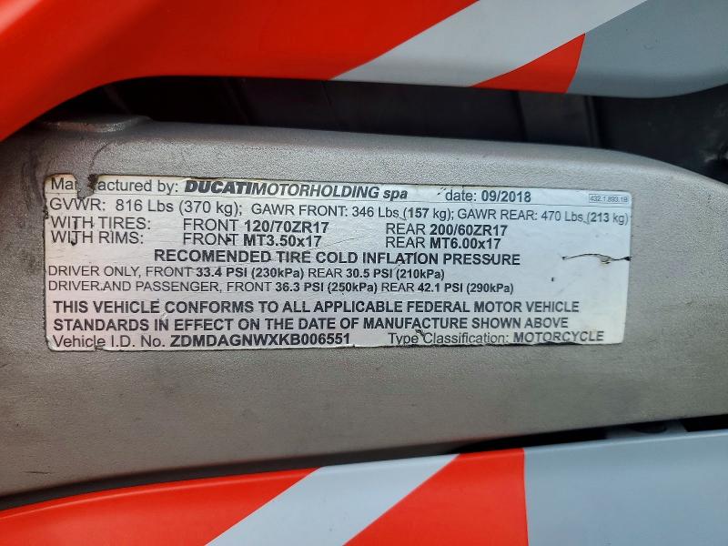 2019 Ducati Panigale VIN ZDMDAGNWXKB006551 COPART salvage auction — FRONT END, Fl - Certificate Of Title, sold $7,900 on 2026-08-14 (photo 9)