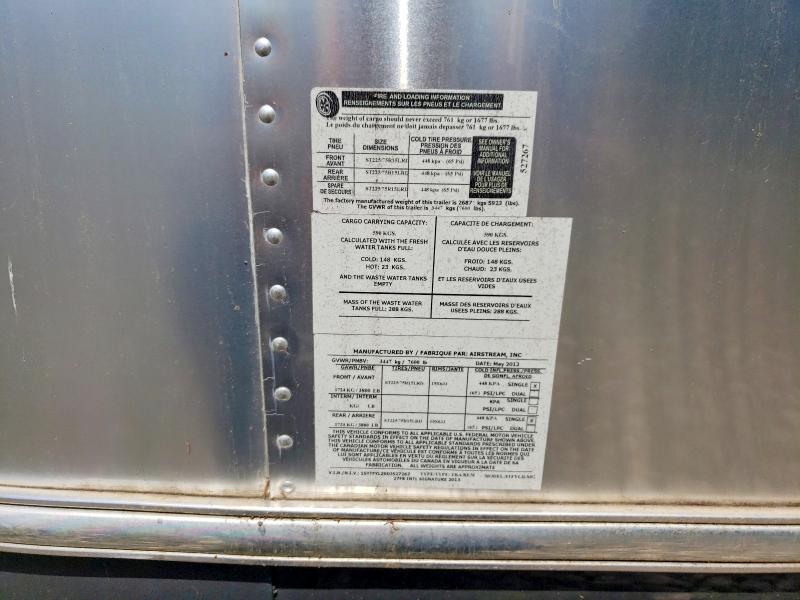 2013 Airstream Camper VIN 1STTFYL29DJ527267 COPART salvage auction — WATER/FLOOD, ON - PERMIT NO BRAND - UNFIT, sold $10,000 on 2026-09-08 (photo 7)