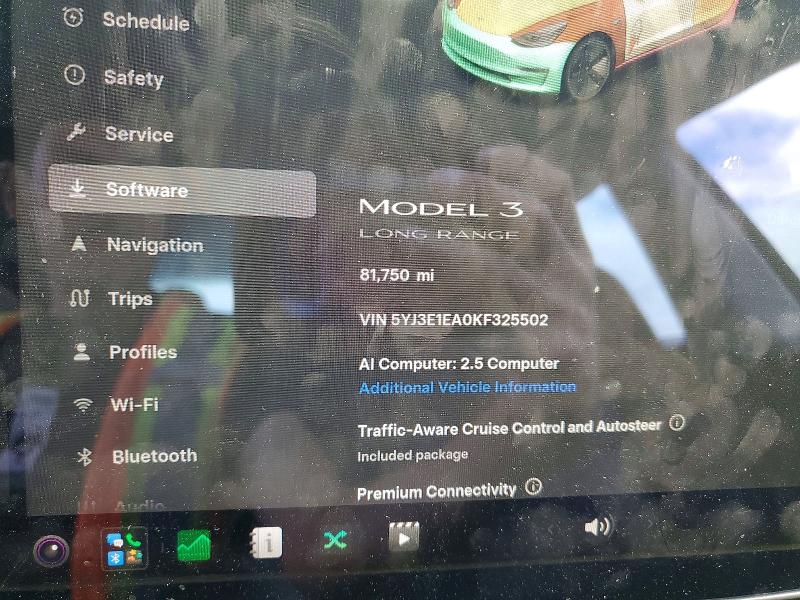 2019 Tesla Model 3 VIN 5YJ3E1EA0KF325502 COPART salvage auction — FRONT END, Ca - Salvage Certificate, sold $5,800 on 2026-08-28 (photo 9)