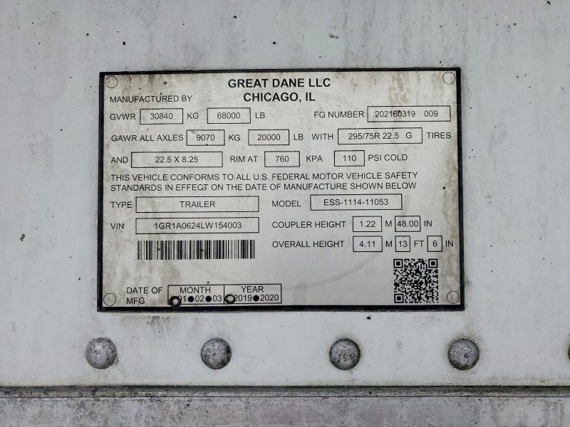 2020 Great dane 53 reefer VIN 1GR1A0624LW154003 COPART salvage auction — MINOR DENT/SCRATCHES, IL - CERTIFICATE OF TITLE, sold $10,700 on 2026-09-18 (photo 8)