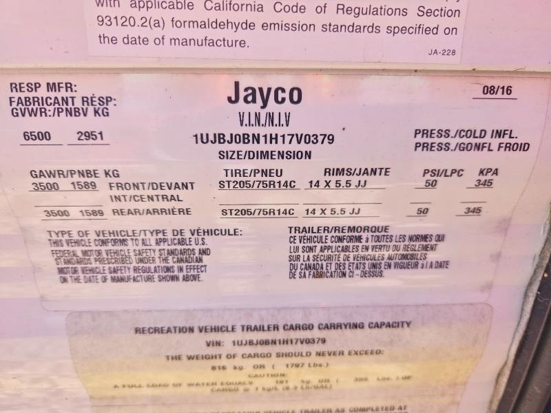 2017 Jaco jay flight VIN 1UJBJ0BN1H17V0379 COPART salvage auction — WATER/FLOOD, PA - CERT OF SALVAGE-W=FLOOD VEH, sold $3,250 on 2026-09-10 (photo 8)
