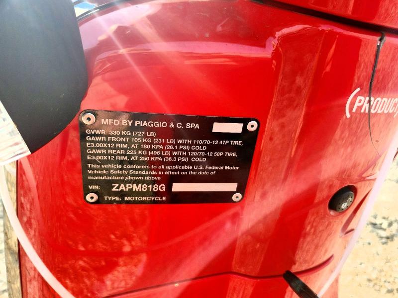 2021 Vespa - VIN ZAPM818G0M5903323 COPART salvage auction — FRONT END, Ny - Mv-907A Salvage Certificate, sold $225 on 2026-08-13 (photo 9)
