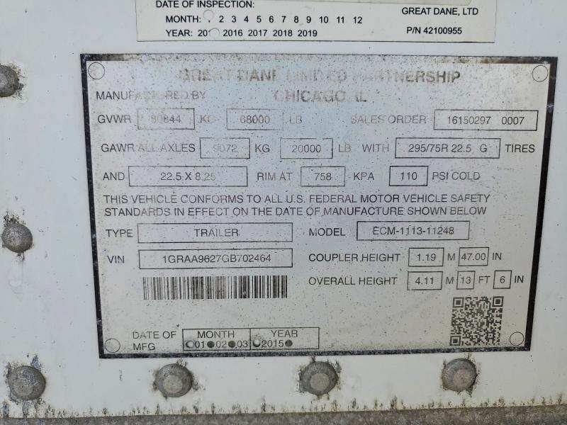2016 Great dane Semitrlr VIN 1GRAA9627GB702464 COPART salvage auction — MINOR DENT/SCRATCHES, OK - CERTIFICATE OF TITLE, sold $2,800 on 2026-09-22 (photo 9)