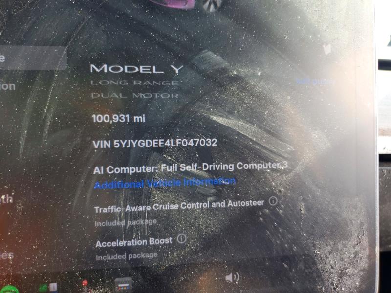 2020 Tesla Model y VIN 5YJYGDEE4LF047032 COPART salvage auction — FRONT END, Fl - Certificate Of Title, sold $7,800 on 2026-08-25 (photo 9)