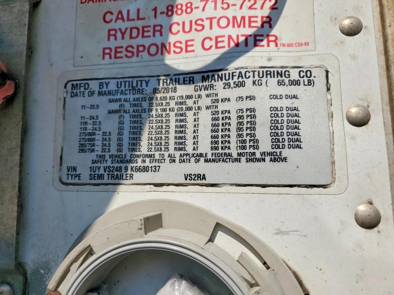2019 Utility Vs2ra VIN 1UYVS2489K6680137 COPART salvage auction — ROOF, IN - CERTIFICATE OF TITLE (P), sold $1,900 on 2026-09-12 (photo 8)