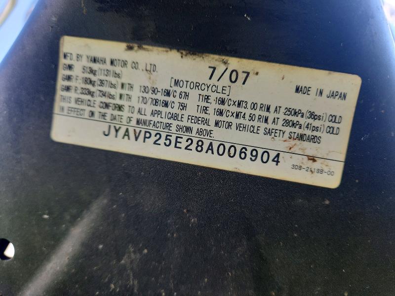 2008 Yamaha Xvs1300 VIN JYAVP25E28A006904 COPART salvage auction — SIDE, GA - CERT OF TITLE-SALVAGE, sold $300 on 2026-09-10 (photo 9)