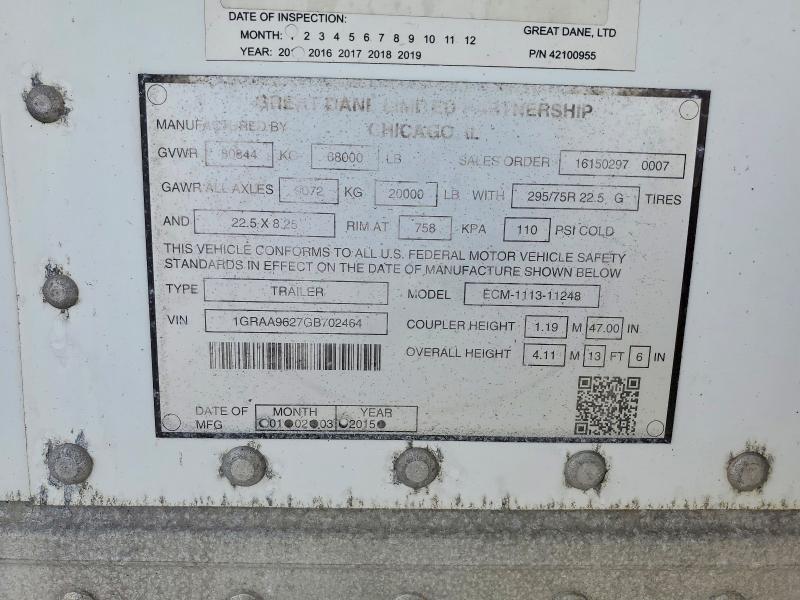 2016 Great dane Semitrlr VIN 1GRAA9627GB702464 COPART salvage auction — MINOR DENT/SCRATCHES, OK - CERTIFICATE OF TITLE, sold $2,800 on 2026-09-22 (photo 8)