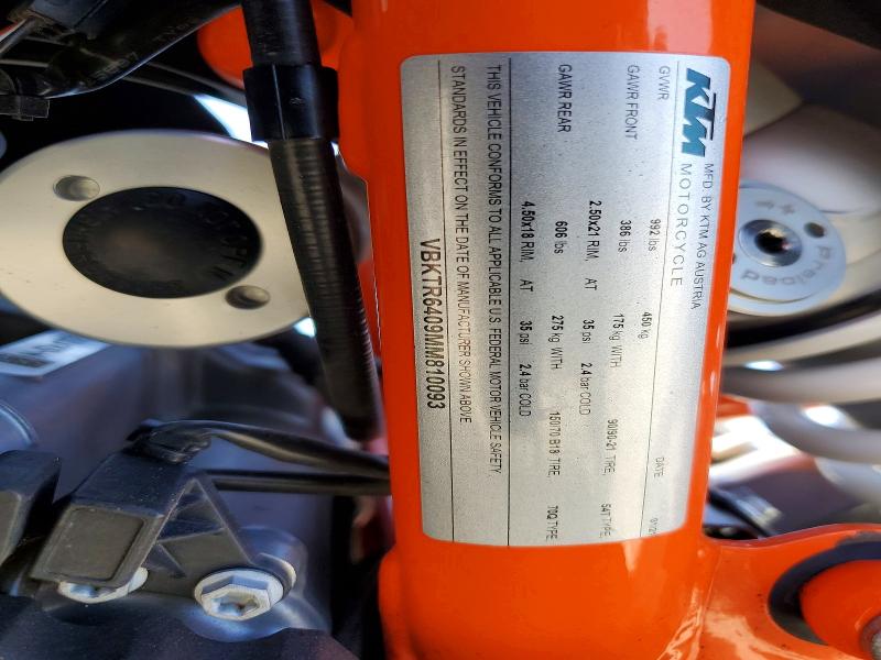 2021 Ktm 890 adventure VIN VBKTR6409MM810093 COPART salvage auction — FRONT END, Ca - Salvage Certificate, sold $3,300 on 2026-09-24 (photo 9)