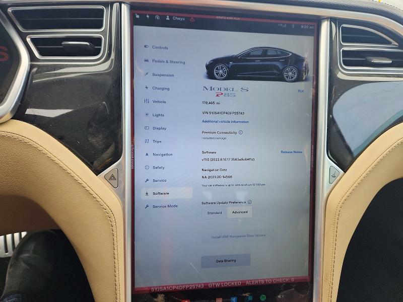 2013 Tesla Model s VIN 5YJSA1CP4DFP25743 COPART salvage auction — MINOR DENT/SCRATCHES, CA - CERTIFICATE OF TITLE, sold $2,200 on 2026-09-08 (photo 9)