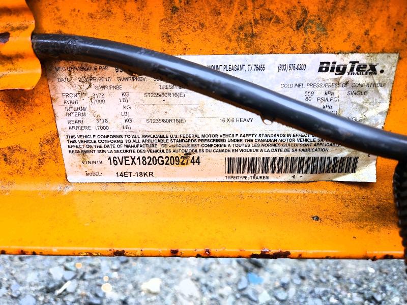 2016 Big tex . VIN 16VEX1820G2092744 COPART salvage auction — REAR END, NJ - CERT OF TITLE-SALVAGE, sold $225 on 2026-09-04 (photo 8)