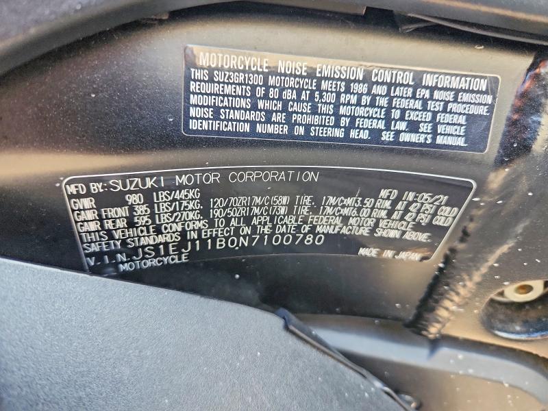 2022 Suzuki Gsx1300 rr VIN JS1EJ11B0N7100780 COPART salvage auction — ALL OVER, Al - Cert Of Title-Salvage Title, sold $4,550 on 2026-09-15 (photo 9)