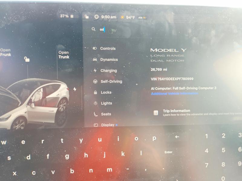 2023 Tesla Model y VIN 7SAYGDEEXPF780999 COPART salvage auction — FRONT END, Tx - Certificate Of Title, sold $5,000 on 2026-09-08 (photo 9)