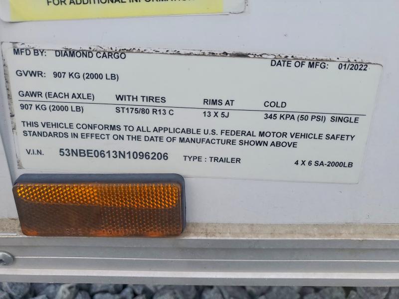 2022 Diamond cargo Diamond cargo VIN 53NBE0613N1096206 COPART salvage auction — SIDE, OH - BILL OF SALE, sold $80 on 2026-09-08 (photo 8)