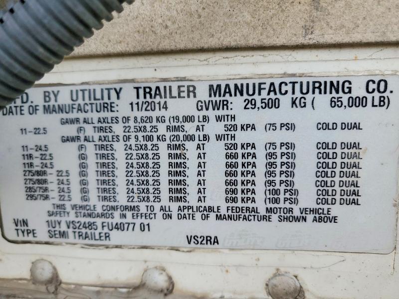 2015 Utility trailer VIN 1UYVS2485FU407701 COPART salvage auction — FRONT END, IL - DIS/DLR/EXP ONLY CLEAN TITLE (P), sold $60 on 2026-09-08 (photo 9)